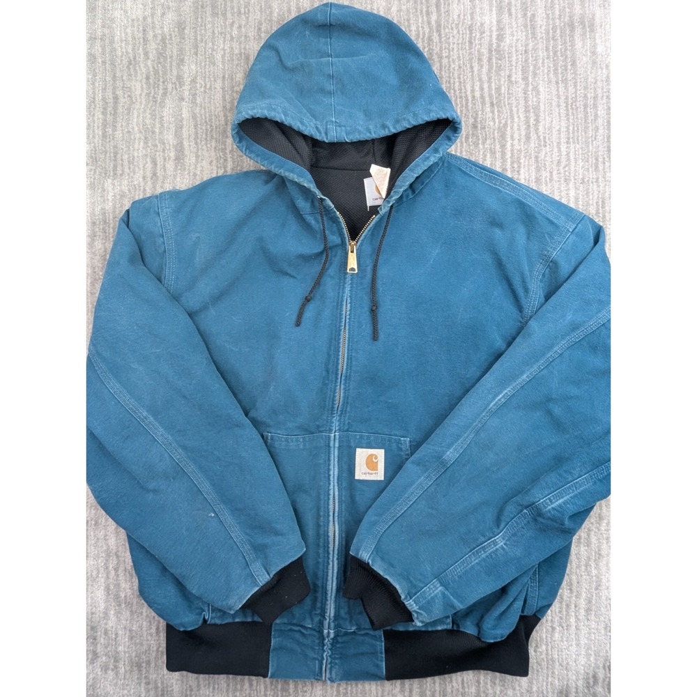 Vintage Carhartt Jacket Mens 2XL Aqua Blue Jersey Lined Bomber Hooded JR455 USA